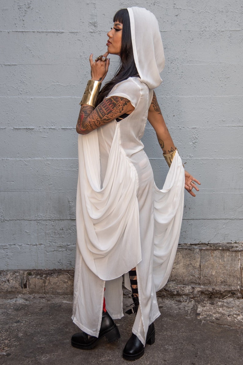 PRIESTESS ROBE White Flowing Dress With Wings & Gold Leather Cuffs, Goddess Dress, Festival Dress, Dance Dress, Hooded Dress, image 4