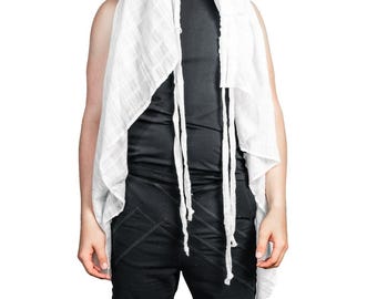 White Cotton JAQUARD CONVERSION VEST By 5D x Dutchess - Unisex Transformable Robe With Oversize Hood, Perfect Festival Top,