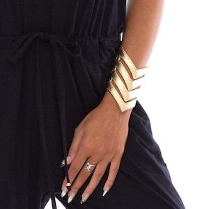Gold CHEVRON CAGE CUFF - Pair of Gold Leather Cuff Bracelet With Snaps, Festival Fashion, Wrist Accessory, Fire Safe, Gold Gauntlets,