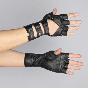 LEATHER MINARET GLOVES Super Soft Black Goat Leather Fingerless Gloves, Driving Glove with snaps, Fire Safe Gloves, Festival Gloves, Goth image 1