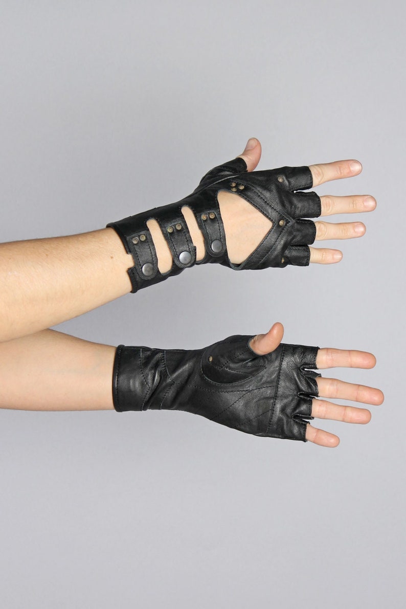 LEATHER MINARET GLOVES Super Soft Black Goat Leather Fingerless Gloves, Driving Glove with snaps, Fire Safe Gloves, Festival Gloves, Goth image 1