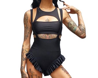 Black RUFFLE ROMPER - Festival Onesie, Swim Romper with Suspenders, Festival Outfit, Ruffle Bottoms, High Waist Swimsuit, Festival Shorts