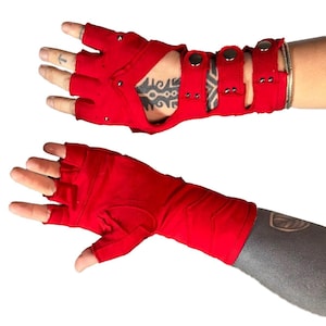Red COTTON MINARET GLOVES - Super Soft Red Cotton Fingerless Gloves With Snap Closure, Driving Gloves, Fire Safe Gloves, Festival Gloves