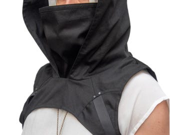 CAPUCHE À CAPUCHON WASTELAND - Cagoule oversize en coton noir avec grand col bénitier, protection contre le vent, capuche cosplay, capuche festival, capuche coupe-feu