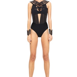 Black Mesh HERA ONE PIECE By Five and Diamond x Stellar Dust Sexy, Womans Swim Romper, Jumper, Goth, Festival Fashion image 7