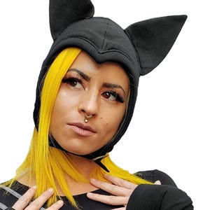 Black BAT FLIGHT HELMET - Black Cotton Hat With Ears, Fun Festival Hat, Bomber Helmet, Bat Ear Hat, Fire Safe Hat, Cosplay Bat Hat, Goth
