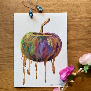 Handgemalte Aquarell Karte – Apfel Motiv mit Blattgold | Original Kunst Grußkarte | Innen leer | 12,5x17,5cm