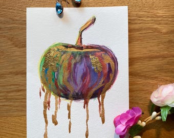 手描き水彩カード – 金箔のリンゴモチーフ | オリジナルアートグリーティングカード | 内側は空白 | 12.5 x 17.5 cm