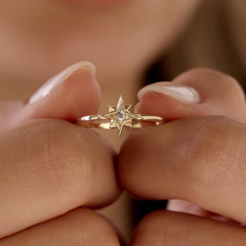 North Star Ring with Birthstone, Tiny Star Birthstone Ring for Her, Custom Birthstone Jewelry, Christmas Gift