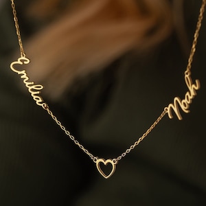 Collar de dos nombres con corazón, collar de nombre de oro, collar de 2 nombres, collar de nombre delicado, joyería personalizada