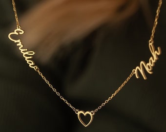 Collier deux prénoms avec coeur, collier prénom en or, collier 2 prénoms, collier prénom délicat, bijoux personnalisés, cadeau de Noël