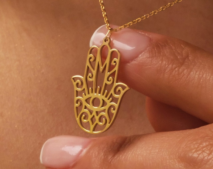 18K Gold Hand Of God Necklace, Custom Hamsa Necklace, Protection Pendant, Hamsa Charm Necklace, Religious Necklace,Christmas gift