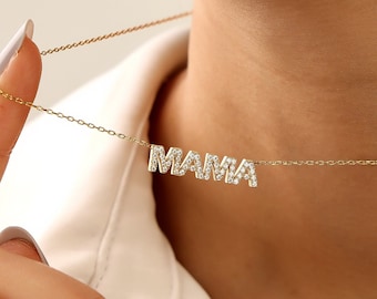 Collar delicado Pave MAMA, regalo de mamá, collar con nombre de mamá de oro de 18 quilates, joyería personalizada, collar de piedra con nombre, collar de madres, regalo del día de la madre