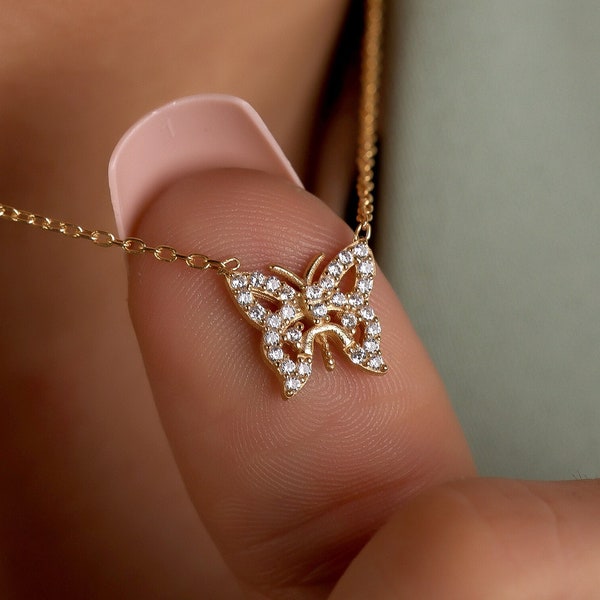 18K Gold Zircon Stone Butterfly Necklace, Dainty Butterfly Necklace, Butterfly Jewelry, Freedom Necklace, Best Gift For Mother,