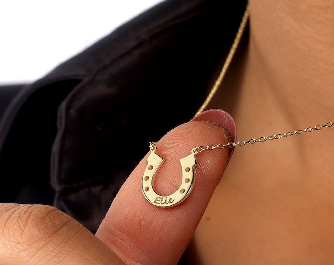Personalized Horseshoe Necklace: 18K Gold Lucky Charm, Custom Initial Pendant