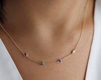 18K Gold Birthstone Necklace, Personalized Birthstone Necklace, Family Birthstone Necklace, Colorful Gemstone,Christmas Gift,Birthday Gift,