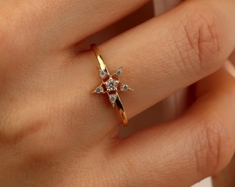 Anillo de estrella de diamantes, joyería del cielo, anillo de estrella delicado, anillo de estrella de oro de 18 qt, anillo de propuesta de boda, joyería de estrella, anillo celestial, regalo del día de la madre