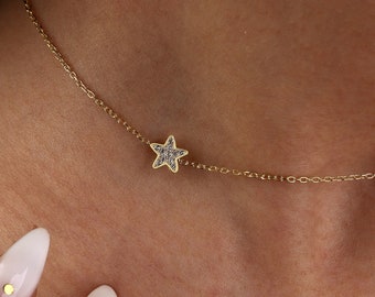 Diamond Star Necklace,Sky Jewelry, Dainty Star Necklace, 18K Gold Star Necklace, Celestial Jewelry, Star Pave Necklace, Mother's Day Gift