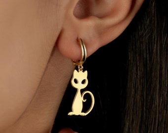 18K Gold Dangle Cat Earrings, Minimalist Cat Earrings, Custom Pet Jewelry,  Gift For Cat Lovers, Pet Memorial Gift, Earrings For Women