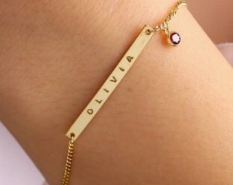 Personalized Birthstone Bar Bracelet, Name Engraved Bracelet, Birthstone Charm, Zodiac Gift, Adjustable Chain Bracelet,Elegant Bracalet