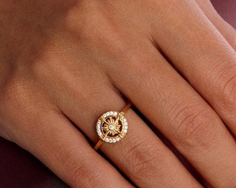Diamant-Kompassring, Reiseschmuck, zierliche Kompassring, Abschlussgeschenk, 925 Sterlingsilber-Kompassring, Weihnachtsgeschenk