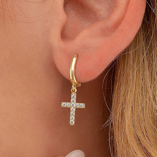 Tiny Stone Cross Earring, Cross Earring, Small Stone Earrings, Dainty Cubic Zirconia Cross Earrings,Christmas gift,Gift of Communion