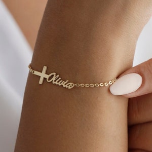 Pulsera con nombre cruzado, regalo de bautismo, pulsera cruzada personalizada con nombre, joyería cruzada, regalos cristianos, pulsera personalizada, regalo de Navidad