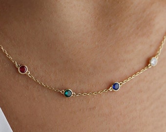 Collier avec pierres de naissance en or 18 carats, collier de pierres de naissance personnalisé, collier de pierres de naissance de famille, pierres précieuses colorées, cadeau de Noël, cadeau d'anniversaire,