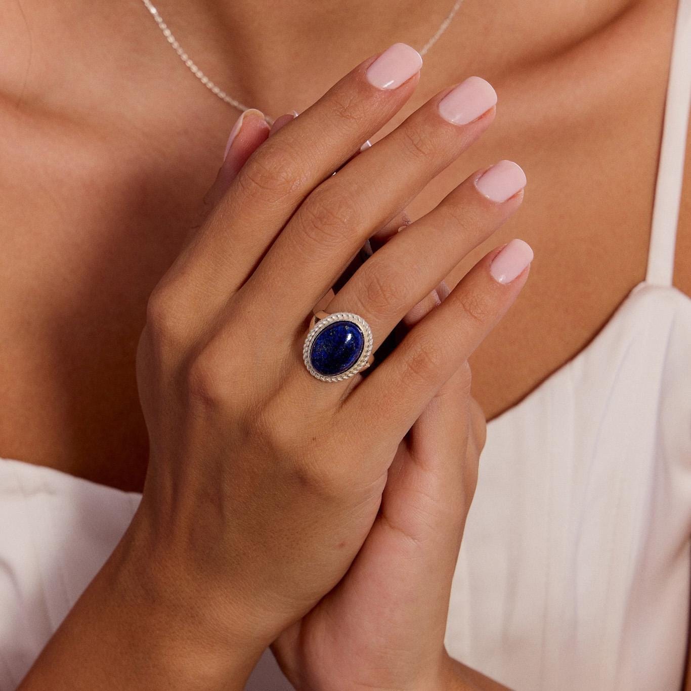 Natural Lapis Lazuli Ring, Oval Lapis Lazuli Ring, Lapis Lazuli Ring,Handmade Ring,Lapis Silver Ring,Boho Ring,Ring for Women,Christmas Gift