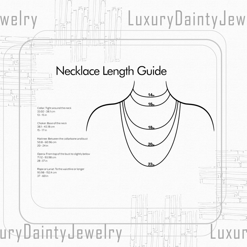 May include: A black and white illustration of a necklace length guide. The guide shows different necklace lengths from 14 inches to 22 inches. Each length is labeled with the corresponding measurement in inches and centimeters.