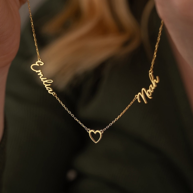 Two Name Necklace with Heart, Gold Name Necklace, 2 Names Necklace, Dainty Name Necklace, Personalized Jewelry, Christmas Gift image 1
