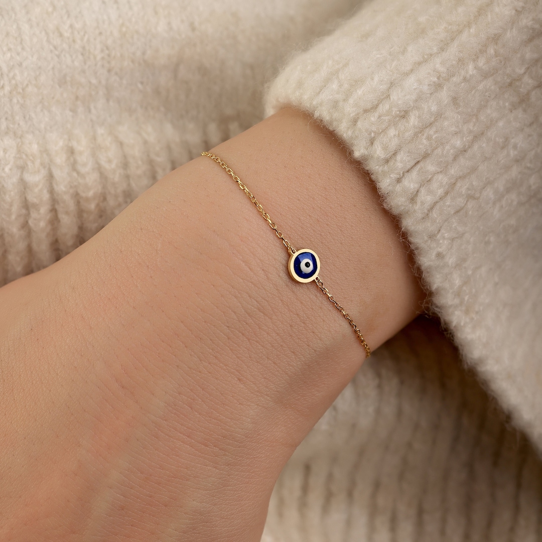 18K Gold Evil Eye Bracelet: Dainty Protection Jewelry