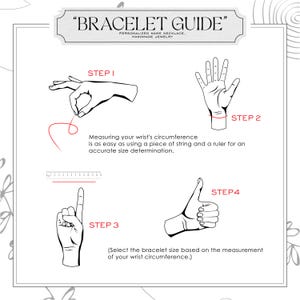May include: A white graphic with the text "BRACELET GUIDE" and instructions for measuring wrist size. The guide shows steps using a string, ruler, and hand gestures to determine the correct bracelet size for personalized name necklaces and handmade jewelry.