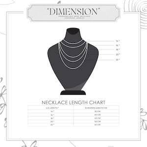 May include: A chart showing necklace lengths in inches and centimeters. The chart shows the length of a necklace in inches on the left side and the corresponding length in centimeters on the right side. The chart is labeled "Necklace Length Chart".