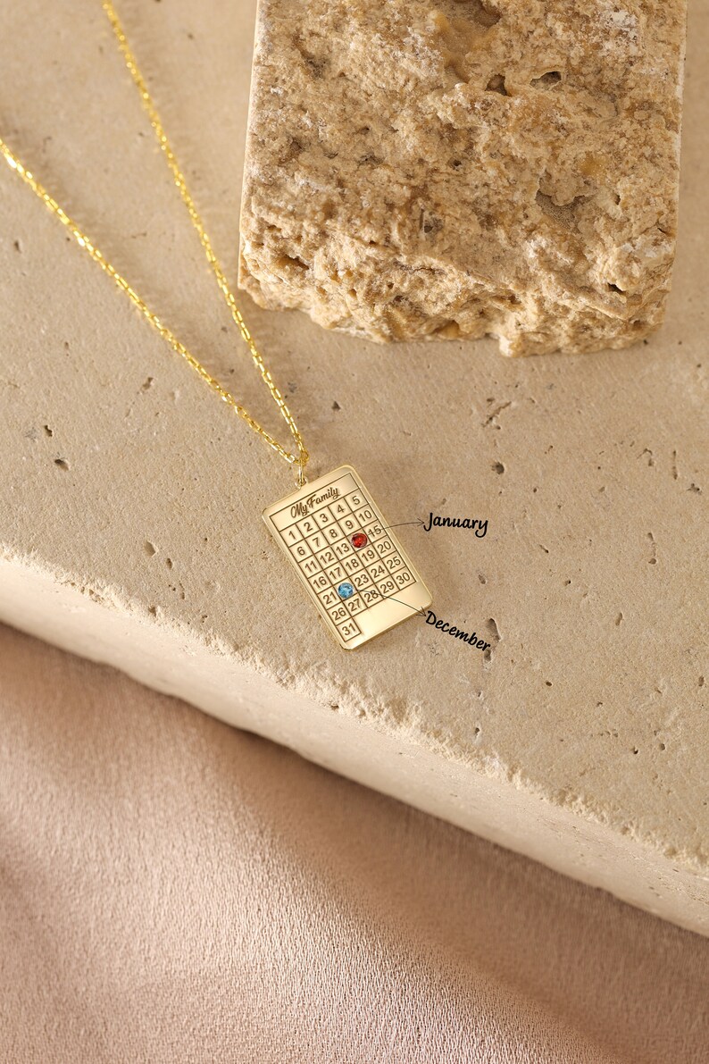 Calendar Necklace with Birthstone Gold Wedding Date Necklace image 2