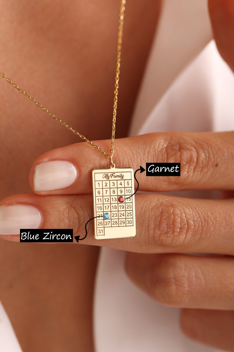 Calendar Necklace with Birthstone Gold Wedding Date Necklace image 1