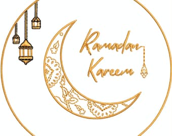 Digital, Ramadan och Eid, lykta, blommig, mandala halvmåne maskinbroderidesign, PES-format 1 storlek