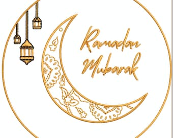 Digital, Ramadan och Eid, lykta, blommig, mandala halvmåne maskinbroderidesign, PES-format 1 storlek