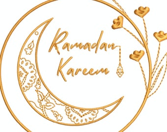 Digital, Ramadan Kareem guld och vitt, lykta, blommig, Mandala halvmåne maskinbroderidesign, PES-format 1 storlek