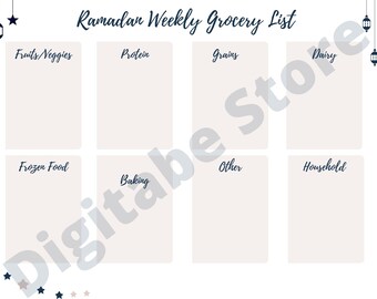 Ramadan veckomenyplanerare, Ramadan köksinventeringschecklista, Ramadan inköpslista 24 x 18 tum och 18 x 24 tum