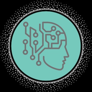 May include: A teal blue circle with a gray outline and a gray silhouette of a head with a circuit board inside. The circle is surrounded by a gray dotted pattern.