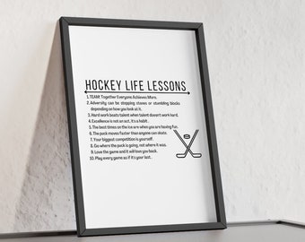 May include: Black and white printable poster with the text "Hockey Life Lessons" and a list of 10 hockey-related life lessons. The poster also includes a graphic of two hockey sticks and a puck.