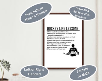 May include: Black and white printable poster with hockey life lessons and a hockey player illustration. The poster includes the text "HOCKEY LIFE LESSONS" and a list of 10 lessons. The illustration shows a hockey player wearing a jersey with the number 50 and the name "MEGAN".