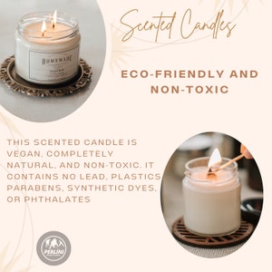 May include: Two scented candles in glass jars with lids. The candles are white and have a natural, eco-friendly and non-toxic label. The text on the label reads "HOMEMADE" and "NATURAL WAX". The candles are on a wooden surface.