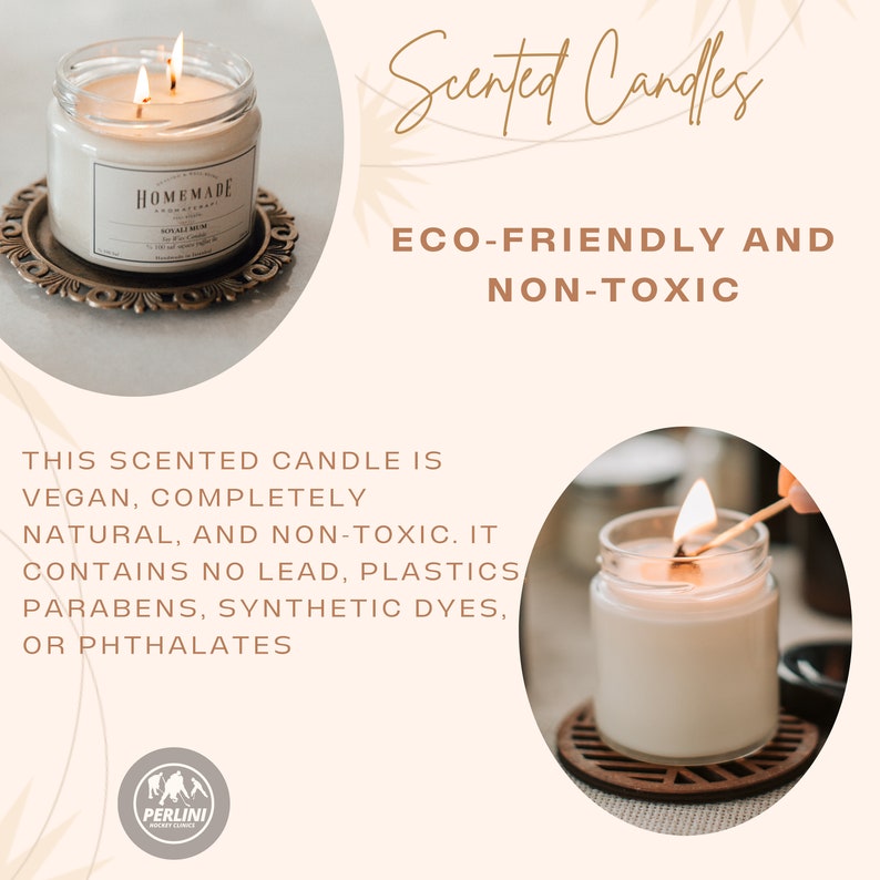 May include: Two scented candles in glass jars with lids. The candles are white and have a natural, eco-friendly and non-toxic label. The text on the label reads "HOMEMADE" and "NATURAL WAX". The candles are on a wooden surface.