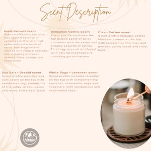 May include: A close-up of a white candle with a lit wick in a glass jar. The candle is on a wooden coaster with a geometric pattern. The image includes text describing different scents, including Apple Harvest, Cinnamon Vanilla, Clean Cotton, Sea Salt + Orchid, and White Sage + Lavender.