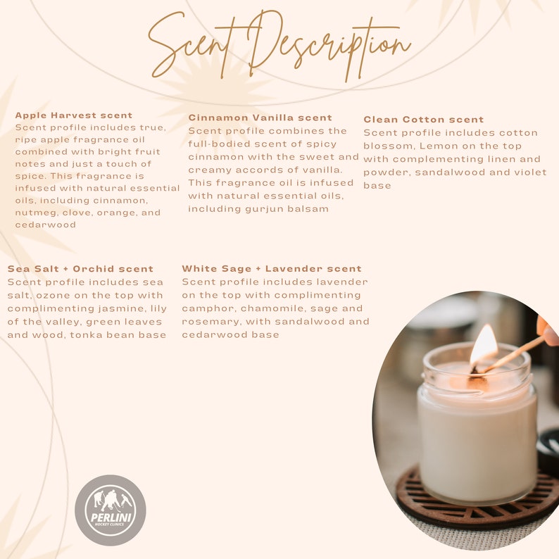 May include: A close-up of a white candle with a lit wick in a glass jar. The candle is on a wooden coaster with a geometric pattern. The image includes text describing different scents, including Apple Harvest, Cinnamon Vanilla, Clean Cotton, Sea Salt + Orchid, and White Sage + Lavender.