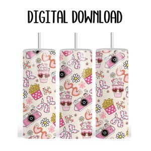 May include: Three sublimation designs for a tumbler featuring a pink and white pattern with hearts, cameras, balloons, fries, and flowers.  The text "DIGITAL DOWNLOAD" is at the top of the image.