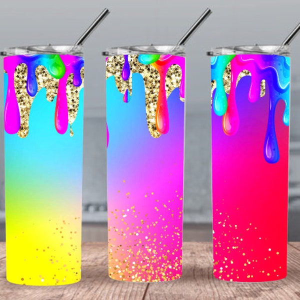 Neon Rainbow Drippings 300dpi 20oz STRAIGHT Skinny Tumbler Wrap/Glitter 30oz Tumbler Sublimation/Digital 20oz Tumbler ombre