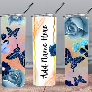 Butterfly 300dpi 20oz STRAIGHT Skinny Tumbler Wrap/Blue Flowers 30oz Tumbler Sublimation/Digital 20oz Tumbler Personalized